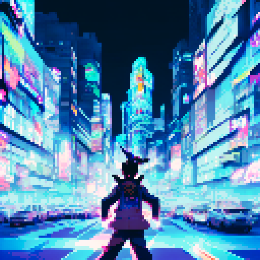 Neon-lit streets filled with towering skyscrapers and bustling crowds, a lone, cybernetically enhanced samurai warrior stands poised with their katana drawn amidst the flickering holographic advertisements and graffiti-covered walls