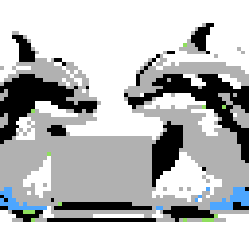 killer whales typing on a laptop, glitchy pixel art, vibrant sRGB colors