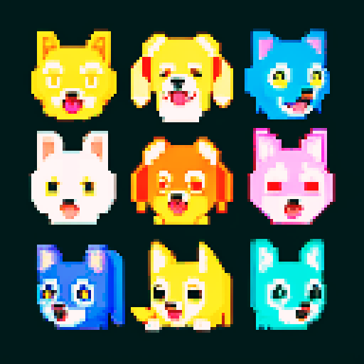 happy dogs, wagging tails, bright eyes, vibrant colors, playful expressions, energetic poses, closeup