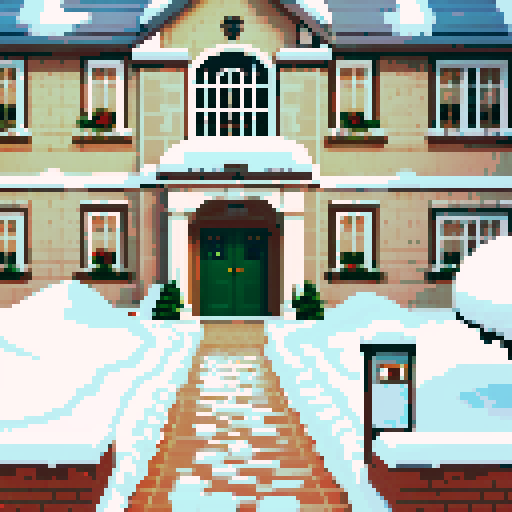 Snowy area, front of boarding school, gate