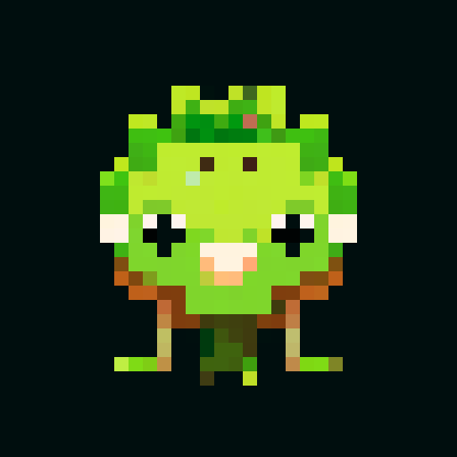 A slightly larger plant-like creature with more defined features, bark-like skin, and budding flowers. It has a friendly expression and a sturdy build. No background.
