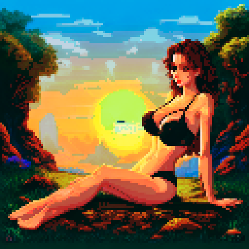 sexy beautiful lingerie model, green eyes, golden wet skin shining, orange sunset light, laying down, coy smile, tanned skin, see through black lace lingerie, black wavy shiny hair, 50mm portrait, sun, glamour, soft curves, ass, full wet lips, sRGB, pixel art, background, landscape
