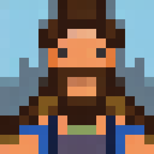 25-year-old historian, short brown hair, jacket, canteen, sword-sized trowel, game icon, 16x16, pixel art, close up, portrait, NES color pallete