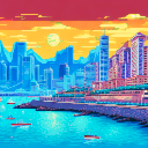 Monaco's glittering harbor nestled amidst towering skyscrapers, a sleek red Ferrari zooming past the roaring crowd, the sun-drenched coastline glittering in the background, all captured in vibrant pixelated glory