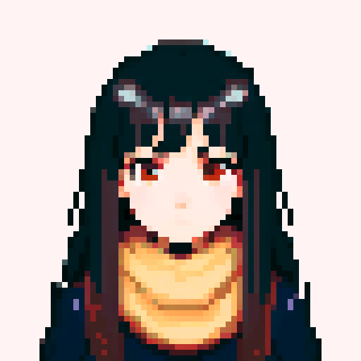 normal dark-haired girl with scarf, long hair, expressive eyes, soft shading, intricate details, whimsical charm, seamless pixelation, sad melancholy