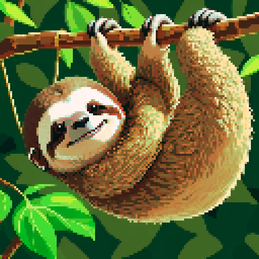 smiling sloth, hanging on branch, pixelated, vibrant colors, sRGB