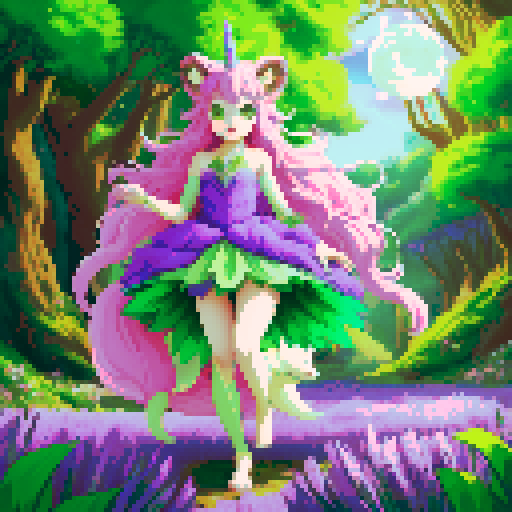 wild faun-unicorn woman, vibrant colors, playful demeanor, forest guardian, full body with a lion tail, emerald greens, pastel lavender purples, bathed in moonlight, clear details