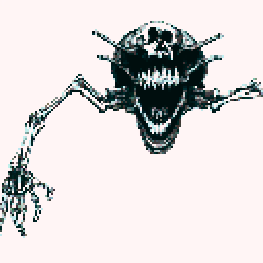 Skeleton monster grabbing with its bone hands, white background, high contrast, black and white only palette