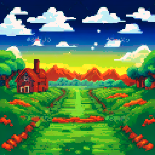 pastoral landscape, village, midnight, house with lights on and chimney, 