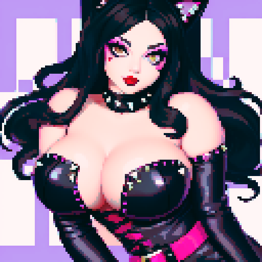 curvy, cute goth cat girl face, black hair, purple eyeshadow, red lipstick, studded leather, face portrait, glamour shot, vibrant sRGB colors, pixel art