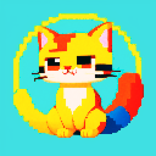 cute cat, vibrant colors, pixelated fur, playful expression, animated pose, retro video game vibes, 8-bit graphics, blocky pixels, sRGB color palette