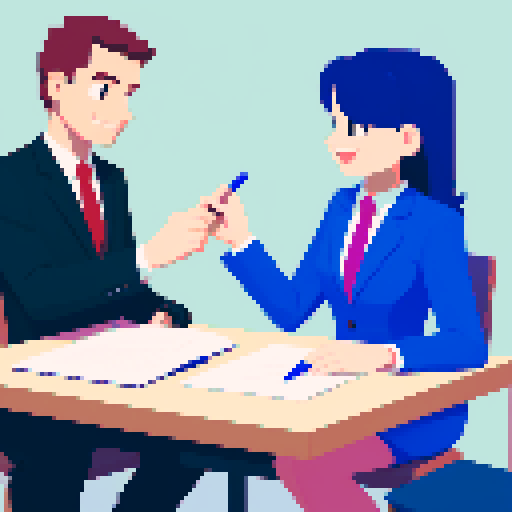 You can generate an image of two people in suits and one of them is with one hand on a pen on top of a signed contract on the table, while the other hand is shaking it with the other person while they stare at each other and with a smile in agreement. 