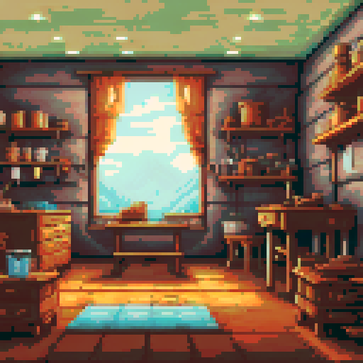 It is the 19th century, a cluttered workshop with wooden boards on the floor, walls adorned with woodworking tools, workbenches scattered with tools, there is a window, in a 16bit pixel art style





