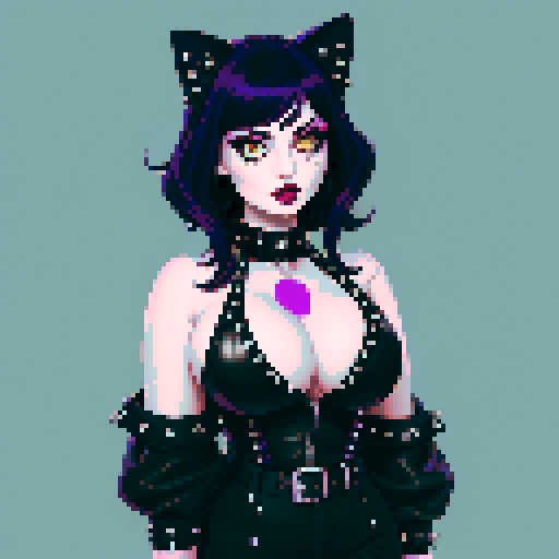 curvy, cute busty greaser goth girl's face, goth cat girl, whole head portrait, black hair, purple eyeshadow, red lipstick, low cut black studded leather halter top, studded collar, game avatar portrait, vibrant sRGB colors