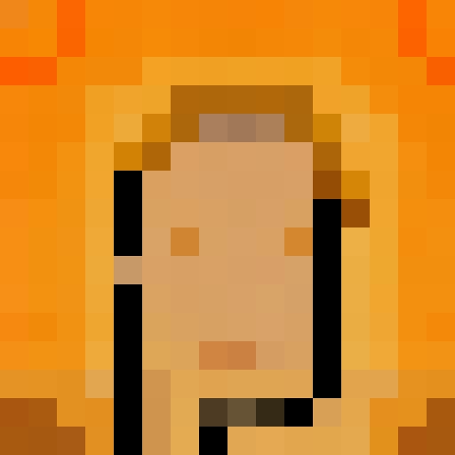 A pixel art portrait of a person with a neutral expression, featuring a minimalist design with light skin tone, brown eyes, and black hair. There are shiny spots on the forehead and cheek to indicate lighting, set against a solid orange background. The style is reminiscent of early video game characters, with a square aspect ratio.