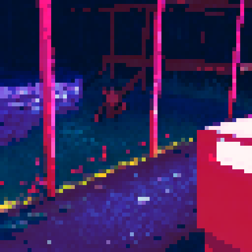 Abandoned, rusted swings sway in the eerie moonlight of a pixelated playground, while a lone teddy bear sits on the cracked pavement, its button eyes staring into the darkness where a pair of glowing red eyes lurk hungrily