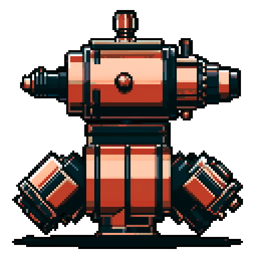 I want a tall vertical copper structure reminiscent of a minigun's barrel. It should have strange mechanical details that could interlock with each other. I also want this object usable an asset in a videogame, meaning only one object per image, outlined with a strong black stroke, on a solid-color background.