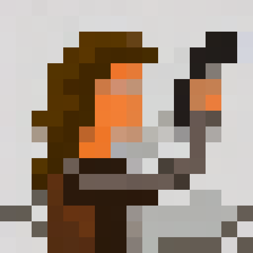 25-year-old historian, short brown hair, jacket, canteen, sword-sized trowel, game icon, 16x16, pixel art, close up, portrait, NES color pallete