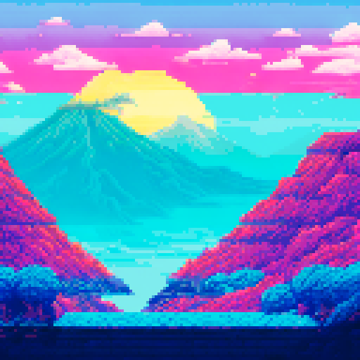surfing pink colors, overlooking a volcano
