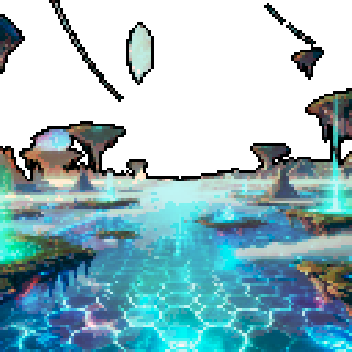 A surreal, alien battlefield with a glowing crystalline floor. Floating islands, alien plants, and cosmic energy streams frame the environment, evoking the birth of a new world.