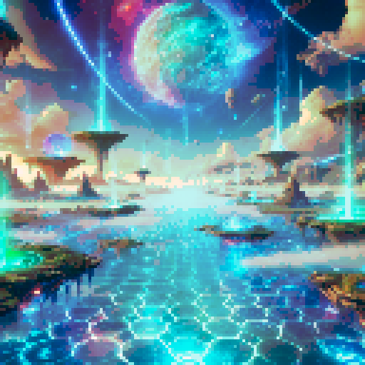 A surreal, alien battlefield with a glowing crystalline floor. Floating islands, alien plants, and cosmic energy streams frame the environment, evoking the birth of a new world.