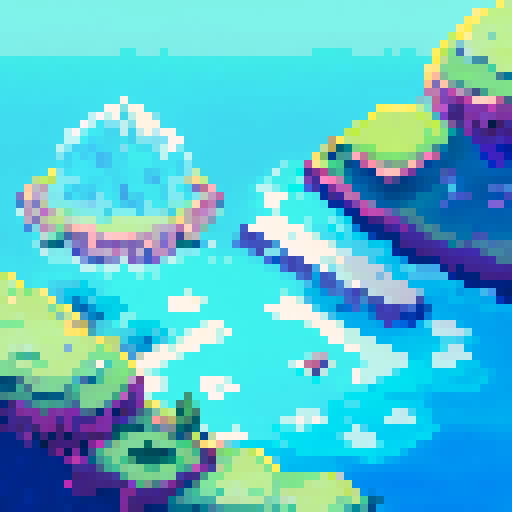 Palm trees sway in the hot wind, casting shadows on the gleaming glass facades of towering skyscrapers in Dubai that reach towards a bright blue sky, with a shimmering lake in the foreground, all rendered in a portrait pixel art style