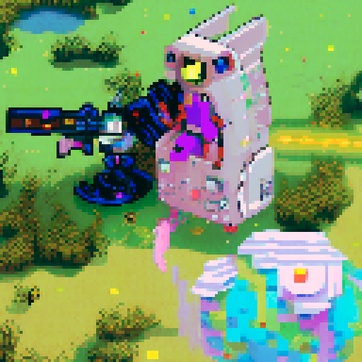 Create a pixel art comic scene featuring a heroic astronaut fighting off a swarm of giant, neon-colored space bugs in the vacuum of space.