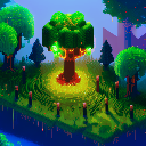 Dozens of glowing vines, pulsating with energy, wrap around a towering, gnarled tree with sparkling leaves, guarded by ethereal spirits wielding crackling lightning bolts in a pixel art landscape, with a background pulsing in sRGB hues