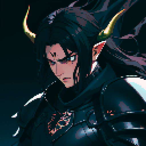 black armor, sexy, long black hair, male knight, man, demon knight, demonic wing, horns, black hair, black armor, dark background