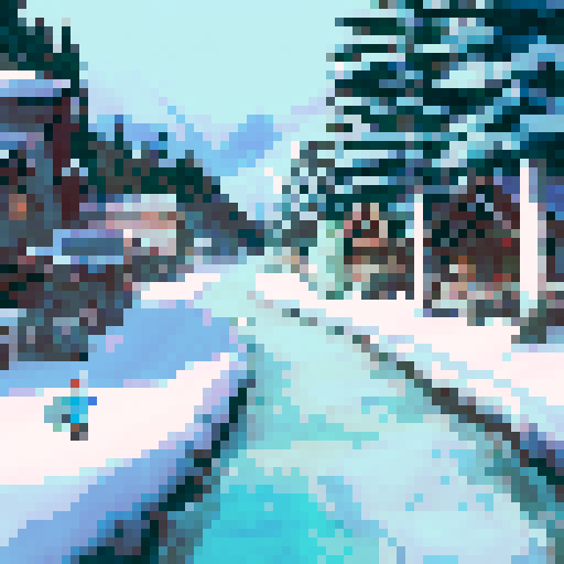 snowy mountain range ski town with a tiny lodge, igloo, campsite, cold, pixel art, sRGB, christmas themed