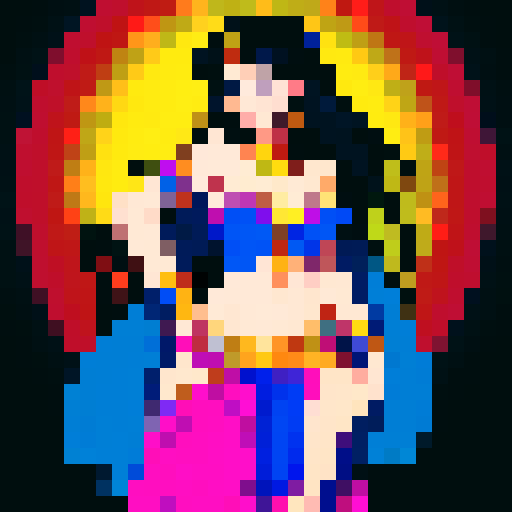 Beautiful cartoon wearing a blue belly dancer outfit and she has long black hair 