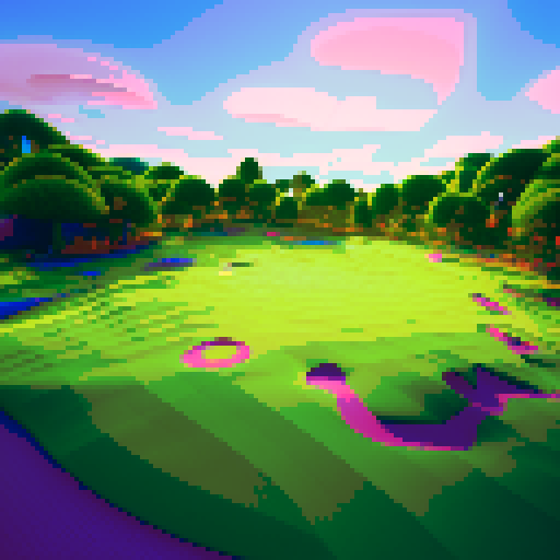 Hallucinogenic golf course, vibrant colors, swirling fairways, psychedelic trees, pixelated golfers, neon golf balls, glitchy water hazards, trippy sand traps, retro clubhouse, kaleidoscopic sky, pixel art masterpiece