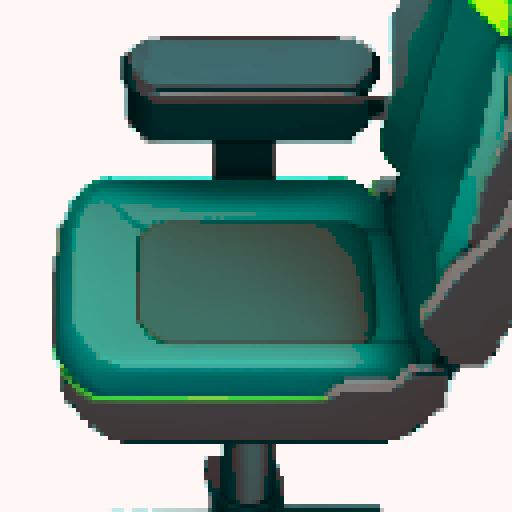 pixel art gamer chair, vibrant green color, retro style, square-shaped cushions, ergonomic design, sleek armrests, high backrest, sRGB color profile