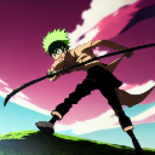 Zoro stands atop Mount Fuji, his three black blades gleaming in the anime-style sun, as a flock of cherry blossom petals swirl around him in the wind.
