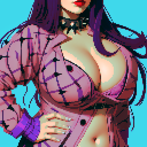 Plus size busty goth girl, with long purple hair, eyeliner, red lipstick. wearing a spiked collar. Posing for a portrait. vibrant sRGB colors, pixel art, edgy aesthetic