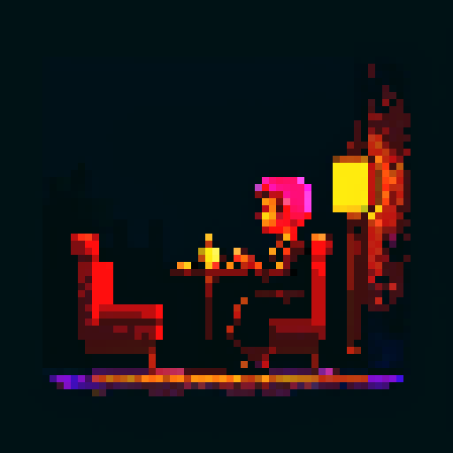 Cozy character sitting at a dimly lit jazz club, under the warm glow of a street light, surrounded by black, dark purple, brown, and gold hues in a pixel art style