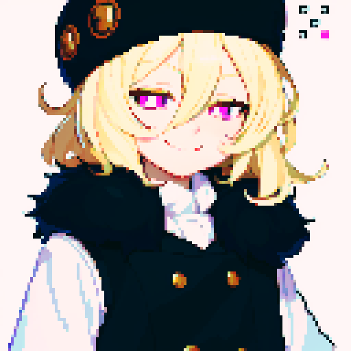 Solo male, perfect anatomy, straight-on, inframe, facing viewer, round pupils, light blonde hair between eyes, wearing ushanka hat with black fur collar, black vest, puffy sleeves, black elbow gloves, round pink eyes, smile, pixel art style, sRGB colors, half closed eyes