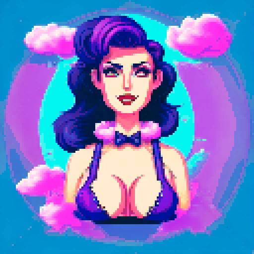 curvy, cute, busty greaser goth girl, with purple hair, black eyeshadow, red lipstick. Very busty wearing bikini, studded collar. Posing in a sexy seductive glamour shot, whole head portrait, avatar photo. vibrant sRGB colors, pixel art, edgy aesthetic