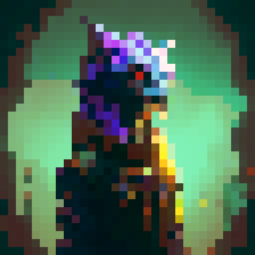 
make a 16x16 pixelart video game style sprite of a gothic style mini monster with sinuous hood and mystical colors