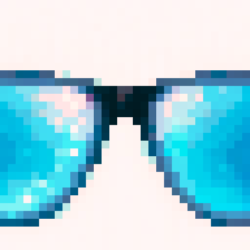 Neon pink and blue sunglasses with pixelated frames and a retro design, reflecting the city skyline at night, neutral perspective, medium shot