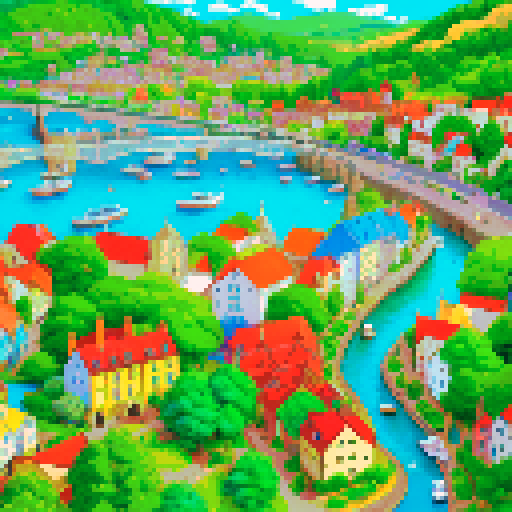 town map, vibrant colors, detailed buildings, winding roads, tall trees, flowing river, rolling hills, quaint shops, bustling market, cozy homes, towering castle, cobblestone streets, lively town square, flickering street lamps, colorful flowers, charming bridges, bustling harbor, distant mountains, clear blue sky