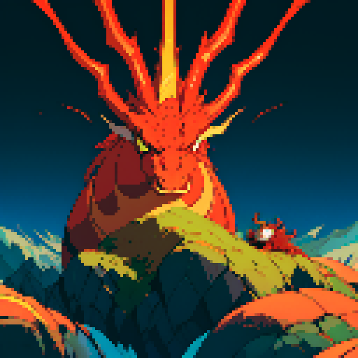 fire dragon with shimmering red scales, hoard of gold coins glimmering in the background, dragon leisurely lounging on top of a massive pile of gold coins, dragon's majestic form taking up the full canvas with intricate pixel art details in a vibrant sRGB color palette