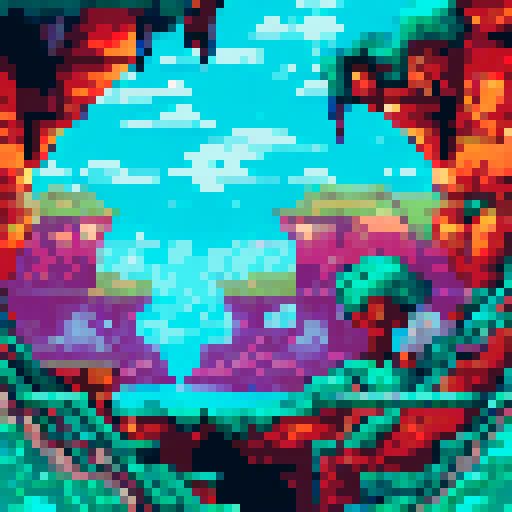 Canyon cliff, vibrant colors, jagged edges, sharp rocks, towering height, deep crevices, pixel art, background, landscape