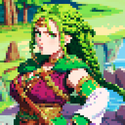 female warrior, vibrant green hair with braids, large sword, fantasy RPG character portrait