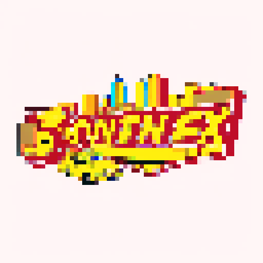 Seinfeld logo, retro pixel art, vibrant colors, sharp edges, 8-bit style, iconic characters, Jerry, George, Elaine, Kramer, New York City skyline, yellow taxi, comedy, sitcom vibes, bold typography
