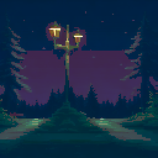 snow covered ground, softly falling snowflakes, dimly lit street lights, dark and overcast sky, distant windows emitting a warm glow, pixel art landscape