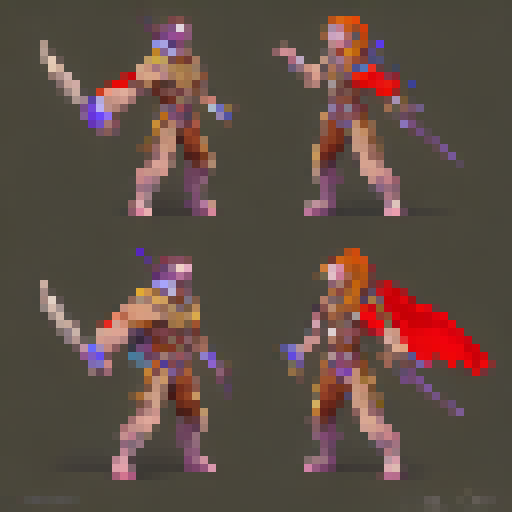 Adventurer sprite sheet, featuring a bold and daring hero with a sword and shield, in the style of Celeste's charming pixel art, viewed from a top-down perspective, set against a shadowy backdrop, with plenty of dynamic and fluid animation frames to bring the character to life.