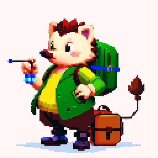 antropomorphic hedgehog with backpack and smoking pipe