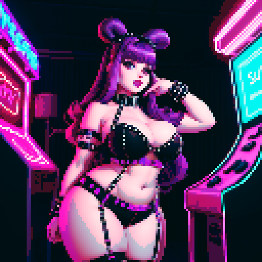 Thicc, curvy, busty goth babe with studded collar, long purple hair in buns, fishnet stockings, studded halter top, posing for photo in retro arcade. neon signage, sRGB
