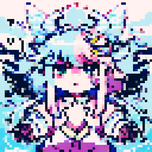 Beautiful ethereal angel with chrome wings, flowing hair, and a serene expression, floating in a dreamlike landscape of pastel clouds and shimmering stars, rendered in pixel art with crisp, defined lines and a vibrant sRGB color palette